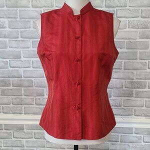 Amanda Smith Red Pure Silk Asian Button Down Striped Sleeveless Shirt Vest 8